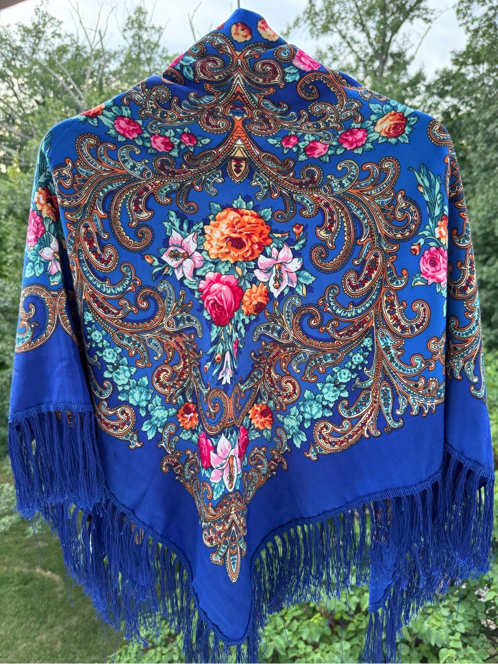 Ukrainian style Blue Floral Paisley Fringe Shawl - Brand Unspecified